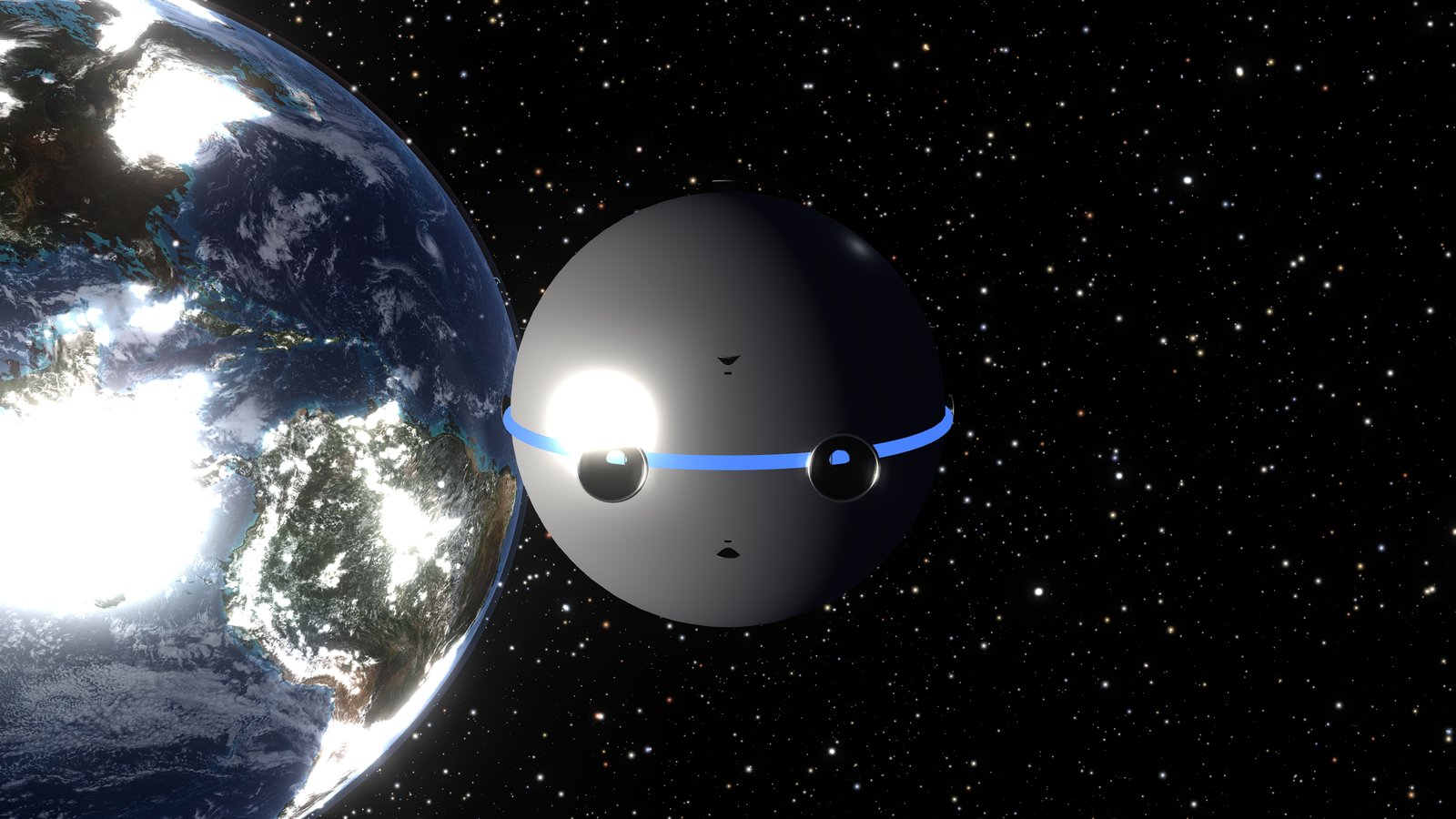 simulationORB: Earth at real scale beside the orb craft, against real stars.